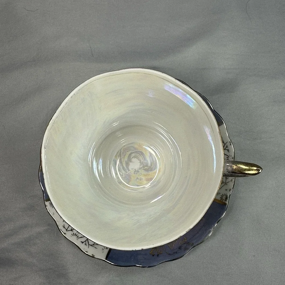 Vintage Lavender Lusterware Tea Cup Saucer Japan Gold Floral Iridescent 1950 Set